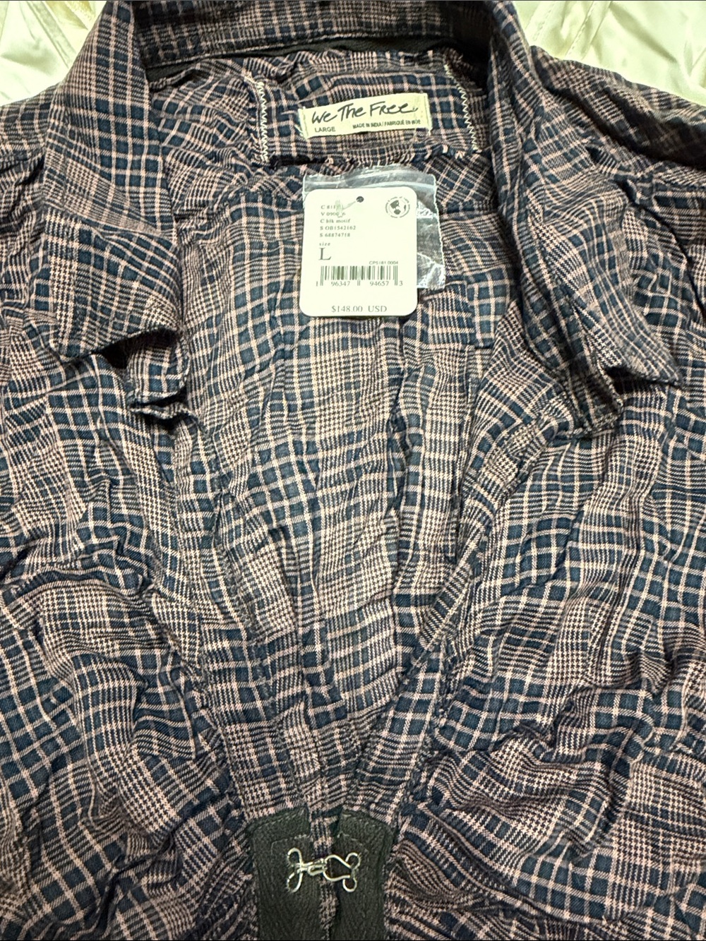 Free People We The Free Navy & Beige Plaid Long Hook Front Shirt French Cuff NWT
